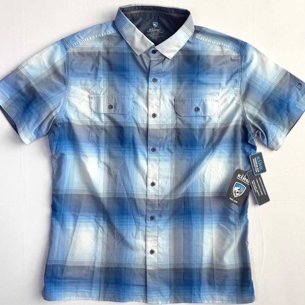 NWT Kuhl Mens Response Short Sleeve Button Down Shirt Blue Gray Large Gorpcore